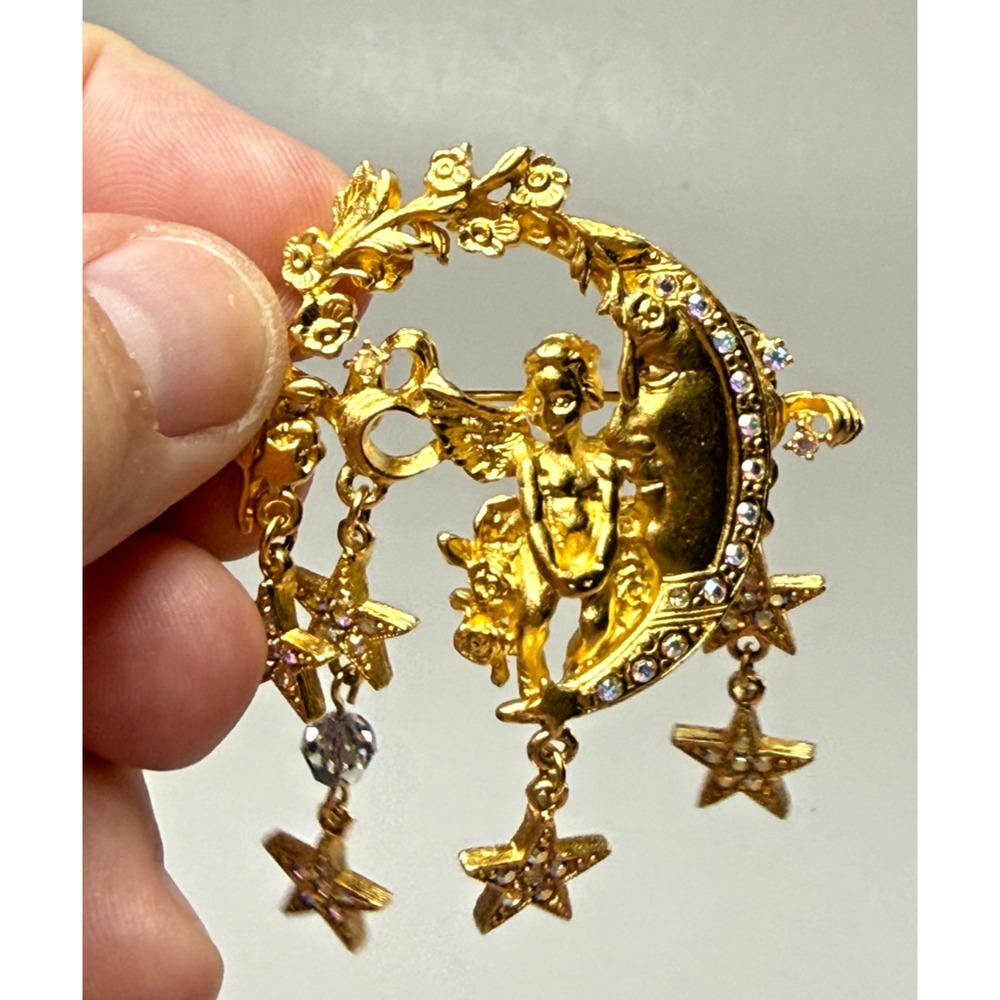 Kirks Folly Celestial Brooch Cherub Angel Crescent Moon Star AB Dangles Pin Gold - Picture 6 of 6
